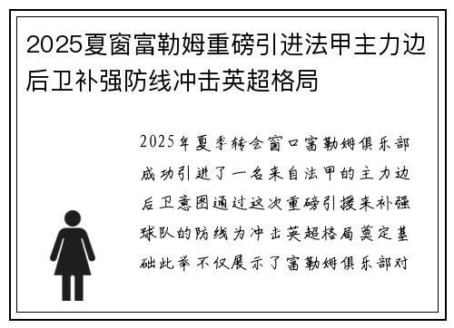 2025夏窗富勒姆重磅引进法甲主力边后卫补强防线冲击英超格局 2025夏窗富勒姆重磅引进法甲主力边后卫补强防线冲击英超格局